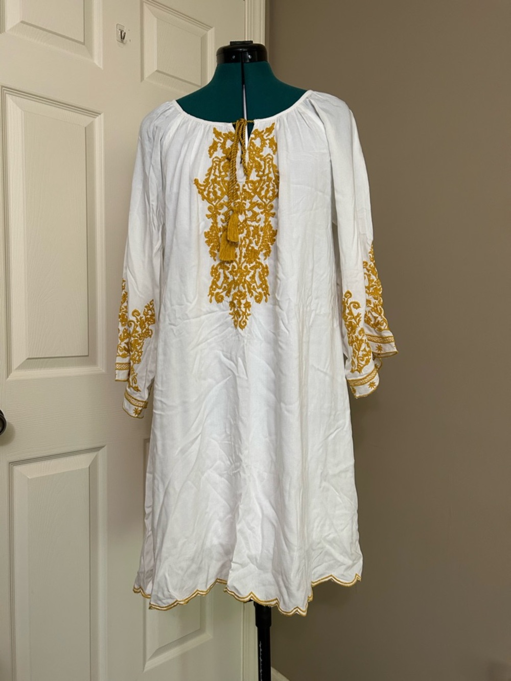 New With Tags White Long-Sleeve Tunic Dress with Gold Embroidery